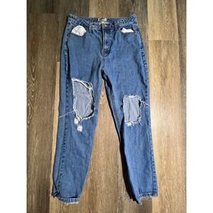 Denim Blvd Distressed Mom Jeans Womens 9 Blue Excellent Ripped Knee High Rise